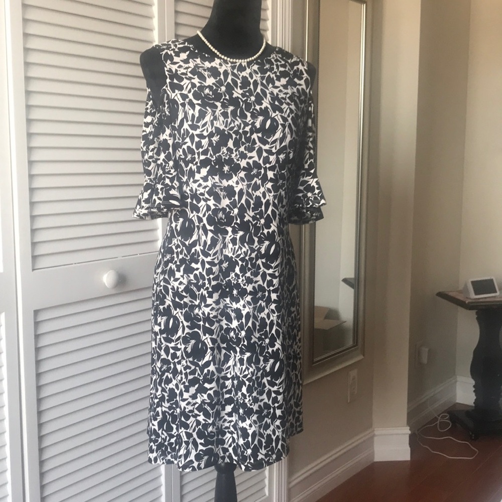 Tommy Hilfiger Black and White Floral Cold-Shoulder Dress. Size 6.